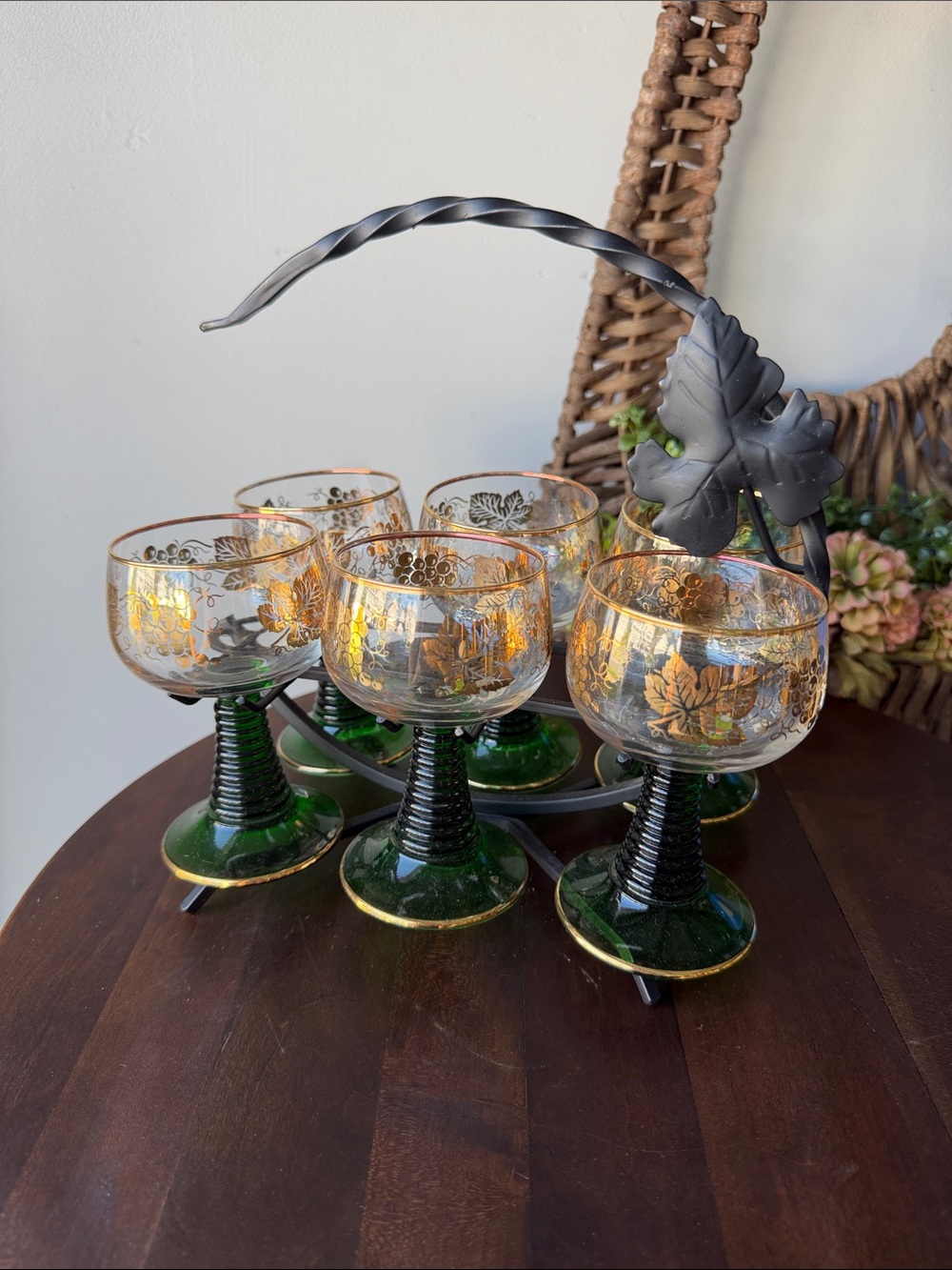 Vintage French Green Glass Cordial Set with Original Iron Caddy